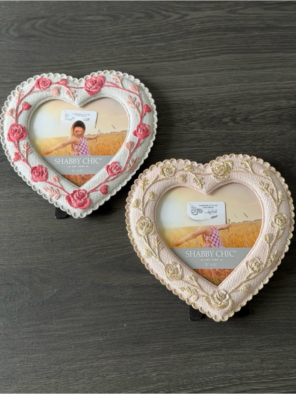 Shabby Chic Rachel Ashwell Heart Picture Frame Rose Embellishments Pink gold 5x5
